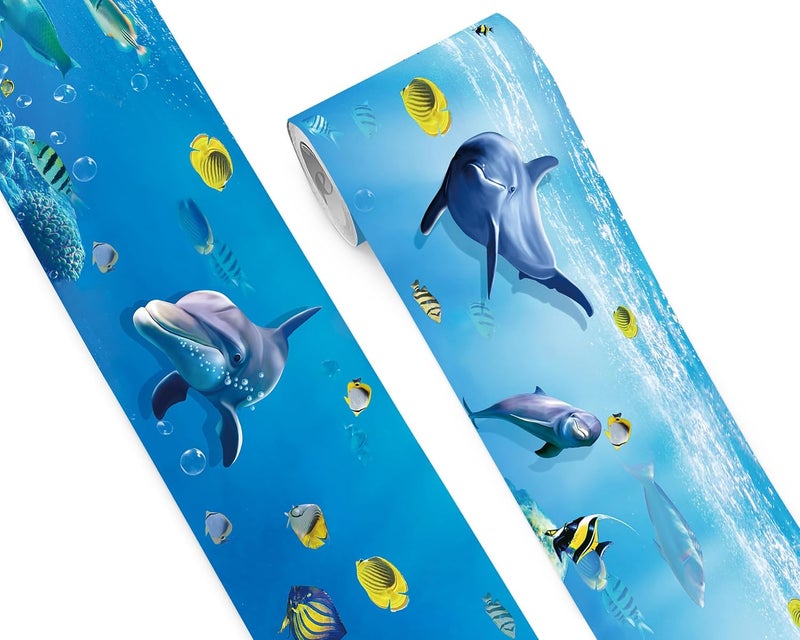 FLFK Peel and Stick Wallpaper Border Wall Decals for Kids Room - Under The Sea Fish Stickers Murals, 7" x 240" (Blue) - Image 1
